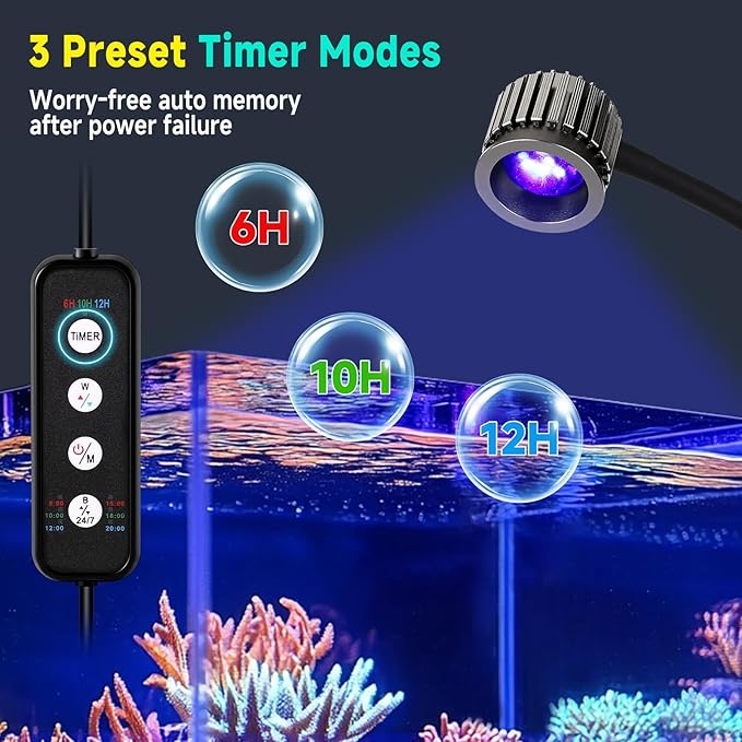 fishkeeper Clip On 24/7 Saltwater Aquarium LED Light, 8W Reef Lights for Coral DIY Color/Brightness Fish Tank Light with Timer for Coral Marine Tank Memory Function