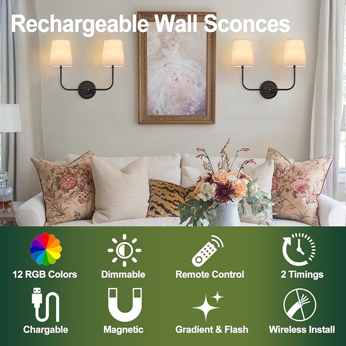 Battery Operated Double Wall Sconce, Cordless Rechargeable Battery Powered 2-Lights Fabric Sconces with Remote Control,Dimmable Sconce Wall Decor Lights for Vanity,Bedroom, Living Room