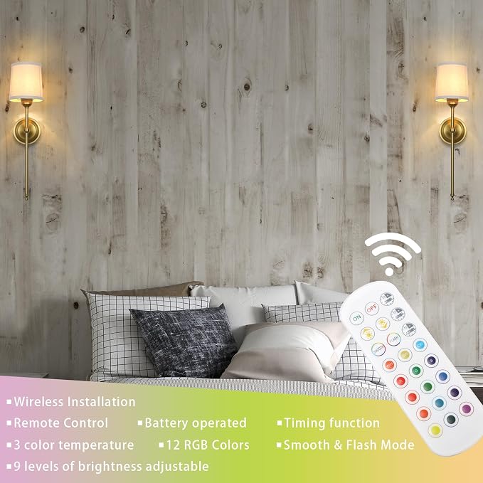 Battery Operated Sconces Wall Lighting Set of 2 with Fabric Shade | Linen Cloth Wall Sconces RGB Color Changing USB Rechargeable Wall Mounted Lamp for Living Room Bedside Nightstand Light