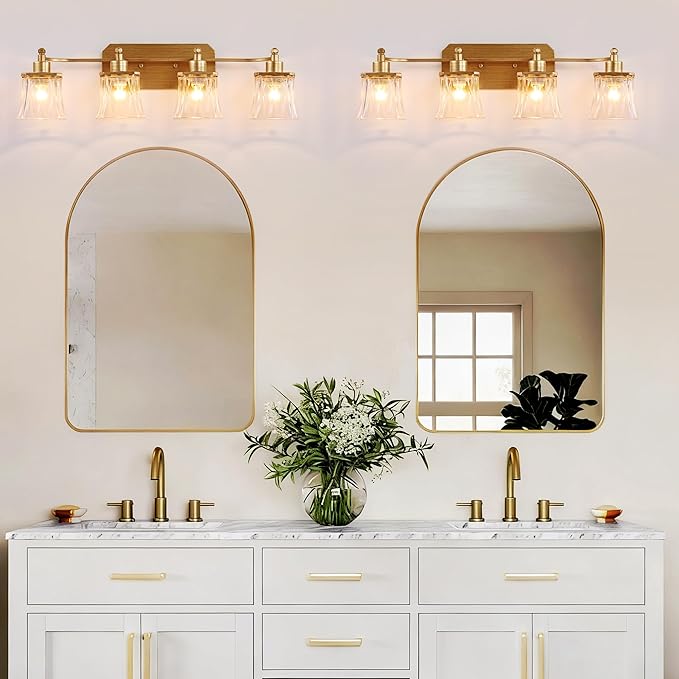 Gold Bathroom Vanity Light Fixture, 4-Light Vanity Lights for Bathroom , Matte Antique Brass Finish, With a Square Crystal Glass Shade, Vintage Bathroom Lighting Fixture over Mirror (Gold, 4 Light)
