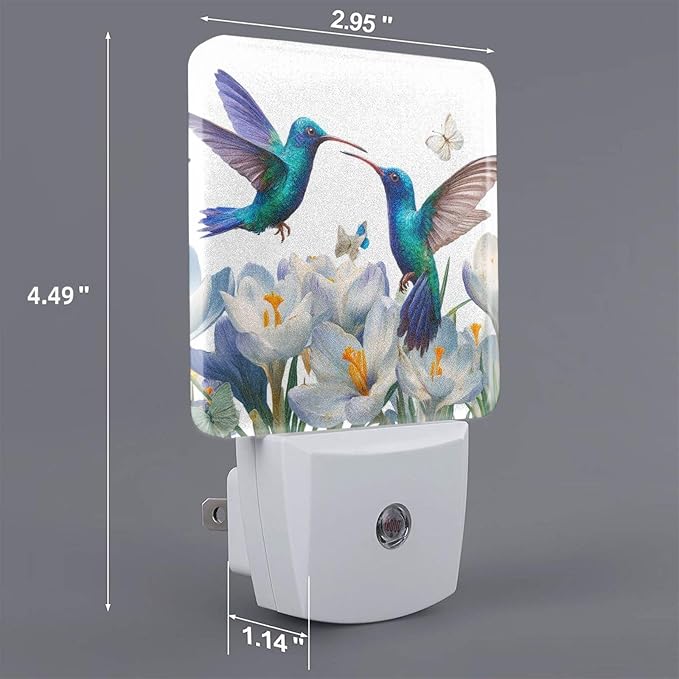 Blue Hummingbirds Night Light Set of 2, White Flowers Auto Sensor LED Dusk-to-Dawn Nightlights, Plug-in Sensor Lamp for Bedroom Bathroom Kitchen Hallway Stairs Decorative
