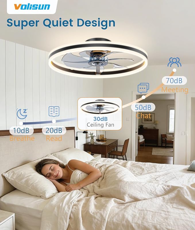 VOLISUN Low Profile Ceiling Fans with Lights and Remote, 24in Flush Mount Ceiling Fans with Light, 3000K-6500K Dimmable Fandelier LED Fan Light, Black Bladeless Ceiling Fans with Lights for Bedroom