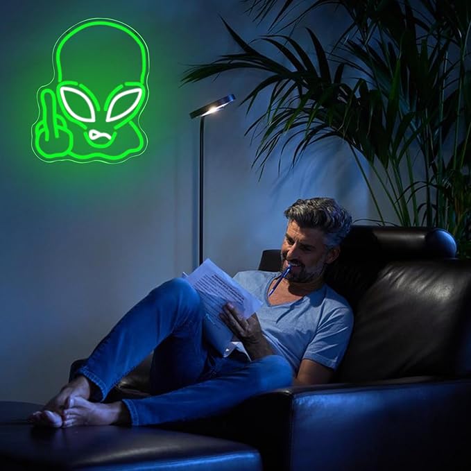Alien Neon Sign for Wall Decor, USB Powered Green Game Room Neon Light, Green Alien LED Light Up Sign for Kids Birthday New Year Man Cave Teen Party Game Room Decoration