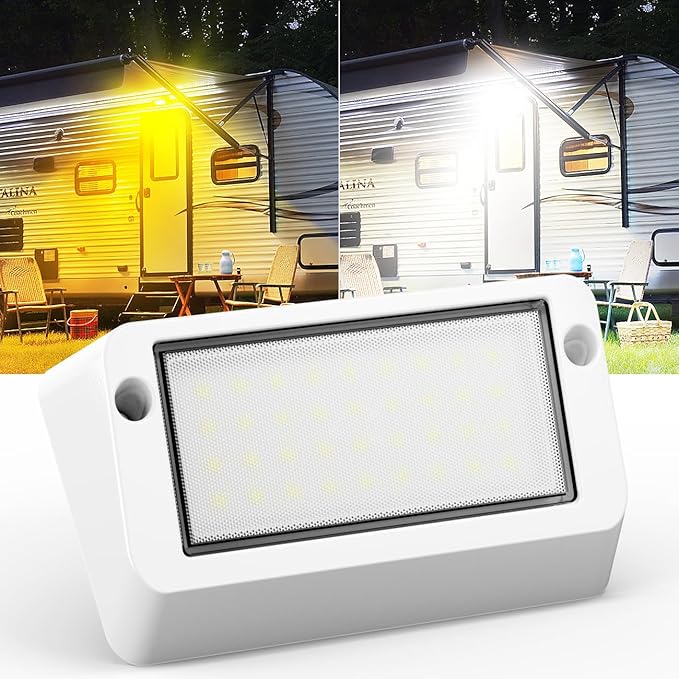 RV LED Porch Light, Exterior Lighting for Camper Travel Trailer | Dual Color White Amber, 1400 LM High Brightness, Aluminum Housing, IP67 Waterproof, Works with RV's Interior Switch- White