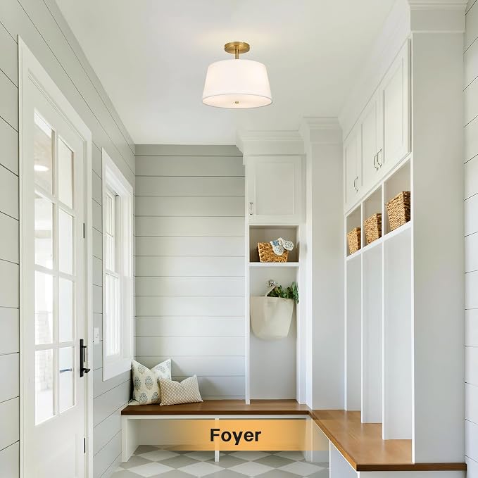 CALOKES Modern Cone-Shaped Semi Flush Mount Ceiling Light Fixture, 3-Light Drum Lamp with Gold Brass Finish and White Fabric Shade for Bedroom, Kitchen, Dining Room, Hallway, Entryway, and Foyer