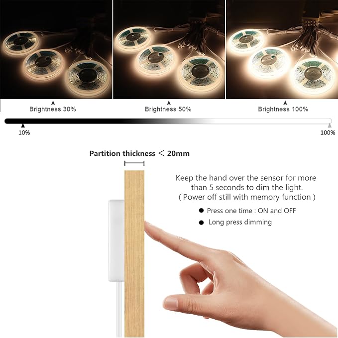 12V Under Cabinet Lighting Kit,3.3Ft 6-in-1 Self-Adhesive COB LED Strip Lights with 36W Adapter Touch Dimmable Led Shelf Lighting 4000k for Kitchen Counters Book Shelf Closet Showcase