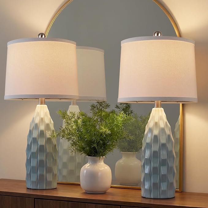 WIHTU 24" Ceramic Table Lamps Set of 2, Modern Nightstand Light, Blue | Linen Shade, 3 Color Temps, Farmhouse/Boho Style, Bedroom/Living Room/Office Decor, Ideal Gifts, 2 Bulbs Included, E26 Base