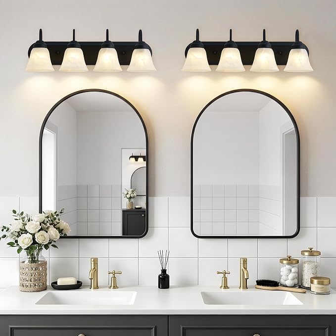 EJIAXIN 4-Light Bathroom Light Fixtures Over Mirror, Matte Black Modern Vanity Lights for Bathroom, Vanity Lighting Fixtures with E26 Base for Mirror Living Room Bedroom Cabinet
