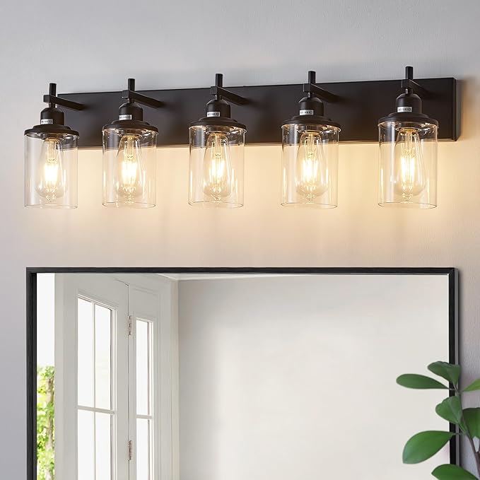 5-Light Black Bathroom Light Fixture Over Mirror Modern Farmhouse Bathroom Vanity Light Vintage Wall Lighting with Clear Glass Shade for Bathroom, Bedroom, Hallway, Cabinet