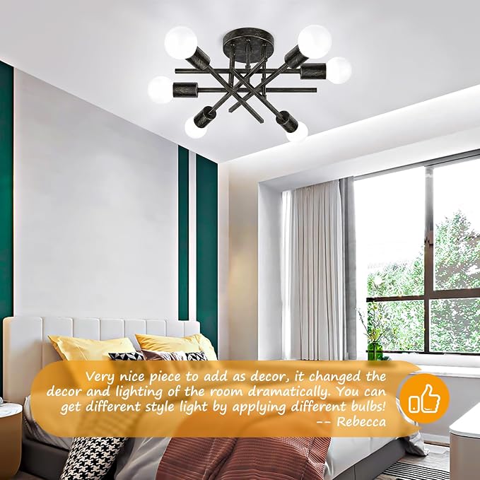 6-Light Semi Flush Mount Ceiling Light Fixture, Modern Industrial Sputnik Ceiling Light, E26 Close to Ceiling Light for Kitchen, Bedroom, Dining Room, Living Room, Hallway, Black Brushed Gold