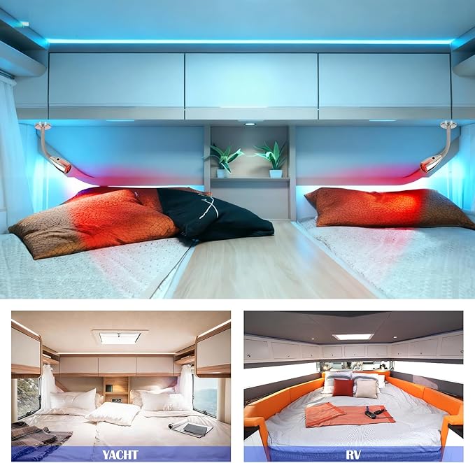 2-Pack 12V/24V RV Flexible Gooseneck Reading Light Warm White & Red Night Mode Wall Mounted Bedside Under-Cabinet On Motorhome, Camper Van, Truck, Brushed Nickel