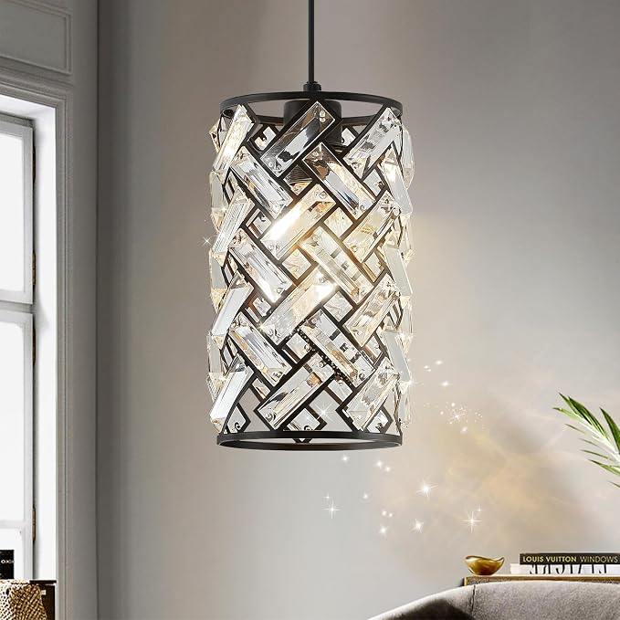 CATINER Black Crystal Pendant Light, Mini Kitchen Island Hanging Light, E26 | Black crystal pendant light with adjustable cord, E26 socket, dimmable for kitchen islands, dining rooms and hallways