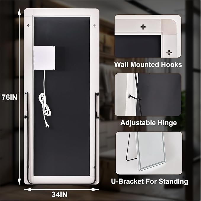Easly 76"x 34" Full Length Mirror with Lights, LED Lighted Floor Standing, Hanging Full Length with Stand, Full Body Dressing Mirror with Dimmable 3 Color LED