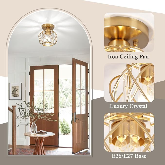 Hallway Light Fixtures Ceiling,Semi Flush Mount Ceiling Light Fixtures Gold Metal Cage Indoor Modern Ceiling Lights for Bedroom Room Hallway Entryway Kitchen 2Pack