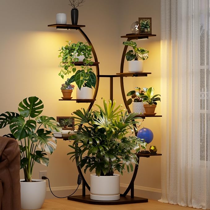 Barrina LS12 Corner Plant Stand with Grow Lights, 9-Tier, Full Spectrum | 62.2" Tall Plant Shelf, Warm T5 Grow Light, Timer, S-Shape Corner Flower Holder for Living Room, Home Decor, Gardening