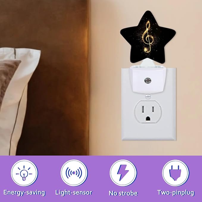 Gold Music Note Night Lights Plug Into Wall Decorative,Black Shiny Sleep Friendly Lamp, Energy Efficient Dusk-to-Dawn Sensor Nightlights for Kid Bedroom Nursery Bathroom