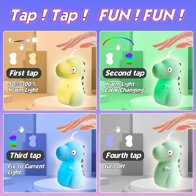 Dinosaur Night Light for Kids, Cute Silicone Night Light, 7 Adjustable Color Breathing Dinosaur Lamp, Rechargeable USB LED Touch Light for Children's Room Decor, Christmas Birthday Gift (Pink)