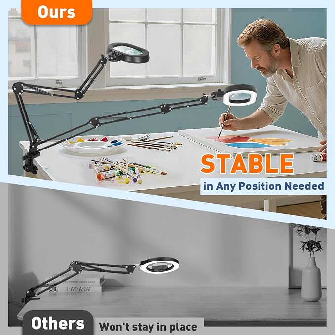 KIRKAS 12X 30X Magnifying Glass with Light, 3-axis Rotation Magnifying Lamp | 35in Long Arm LED Lighted Magnifier Real Glass Lens for Repair Craft Sewing Workbench, Knob Stepless Dimming and Color