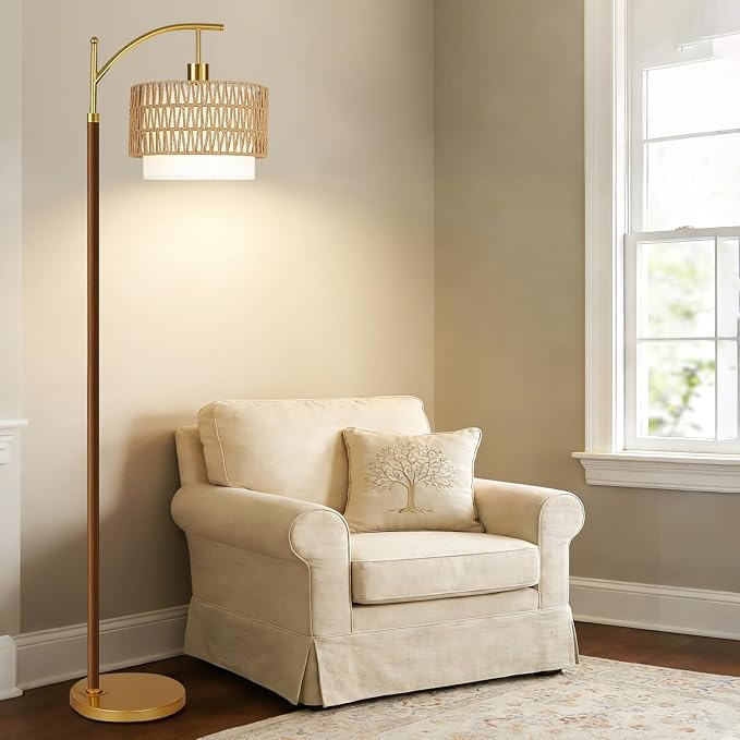 ZECOXOL Boho Floor Lamps for Living Room Rattan Floor lamp with Remote Control & 3 Color Temperatures,Vintage Wood Mid Century Modern Standing Lamp Dimmable Tall Floor Lamp for Bedroom Corner