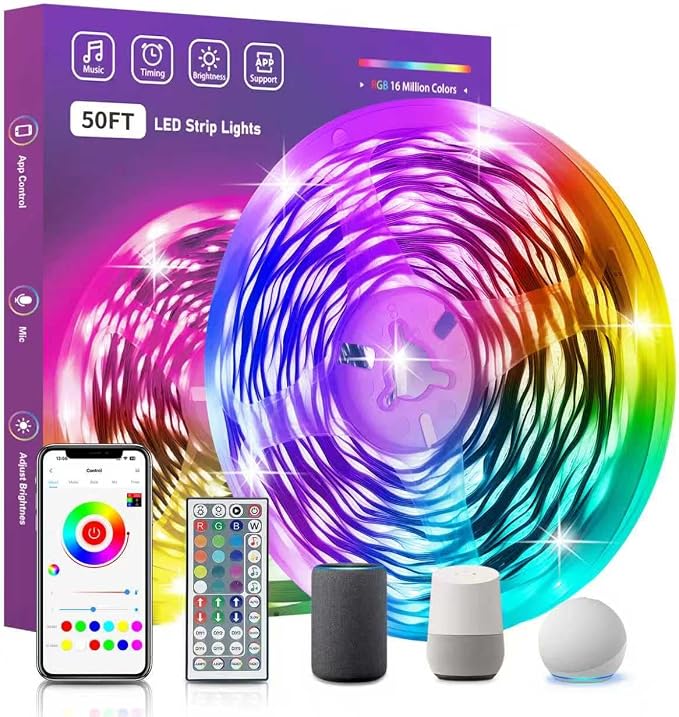 FONEWE Smart WiFi LED Lights 50 ft Remote Control Through APP Led Strip Lights Supports Alexa and Google Assistant Timing Function RGB Color Changing LED Lights for Bedroom and Party