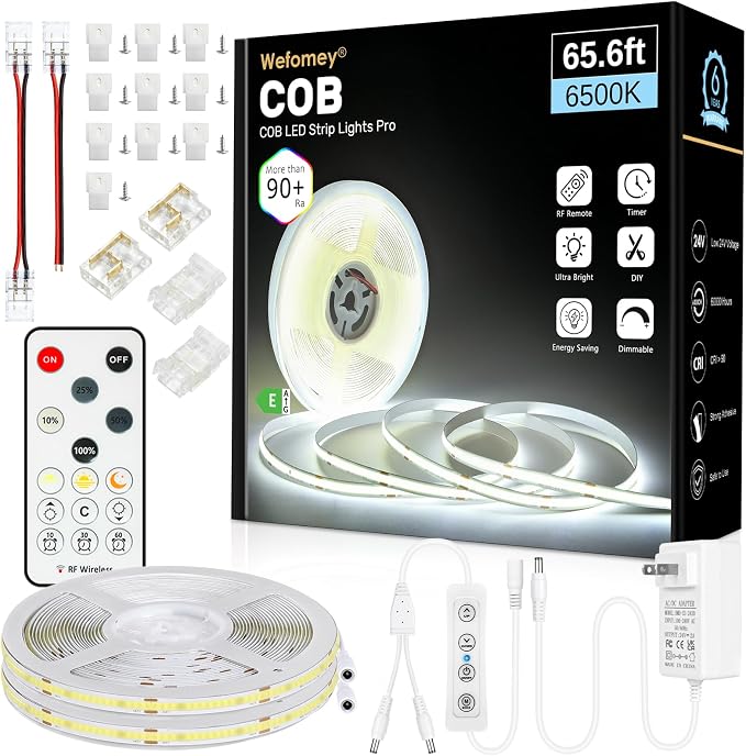 COB LED Strip Light with Remote, 65.6ft Dimmable 6500K Super Bright Daylight White Led Lights Strip, 24V Flexible LED Tape Light for Bedroom, Kitchen, DIY Lighting (2 Rolls of 32.8ft)
