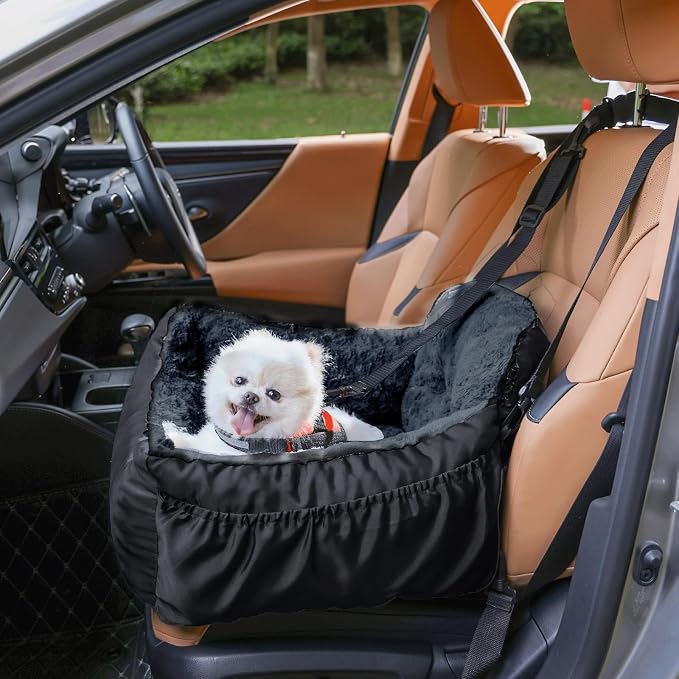 Oiilores Dog Car Seat for Small Dogs, Washable Pet Booster Seats with Clip-On Safety Leash, Comfy Deluxe Plush Carseat with Storage Pockets, Puppy Car Travel Carrier Bed for Dogs Under 25 lbs, Black