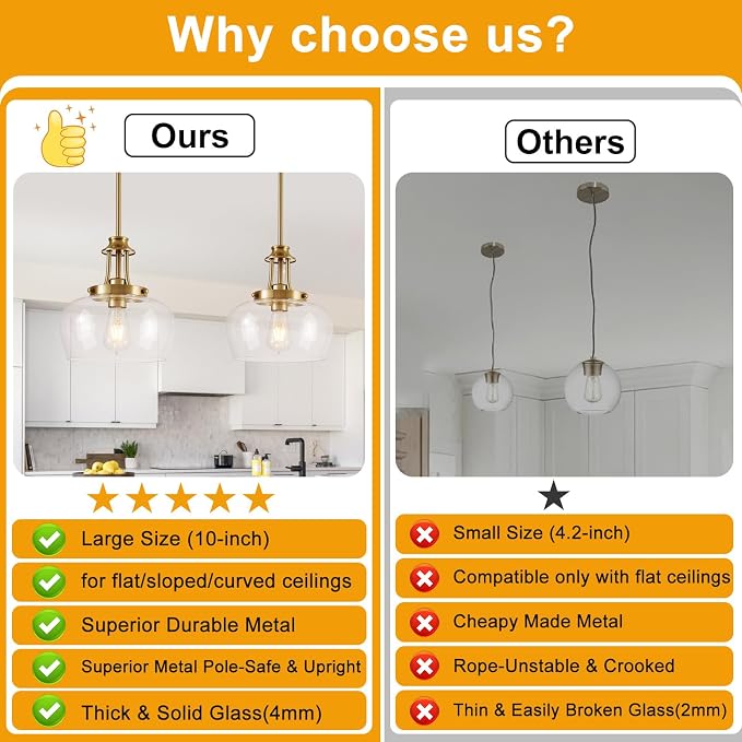 Modern Pendant Lights Kitchen Island, Brushed Gold Pendant Light Fixtures with 10" Clear Glass Shade, Industrial Hanging Pendant Lights Fixture for Kitchen Island Dining Room Bedroom Foyer Entryway