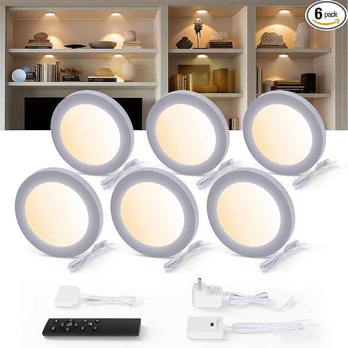 V4light LED Puck Lights, Smart Under Cabinet Lighting with Remote, 6 Pack | Dimmable 2700K-6500K, Alexa Voice Control, Plug-In Wired, Adhesive Mount, For Kitchen Counter Closet Shelf Display Case