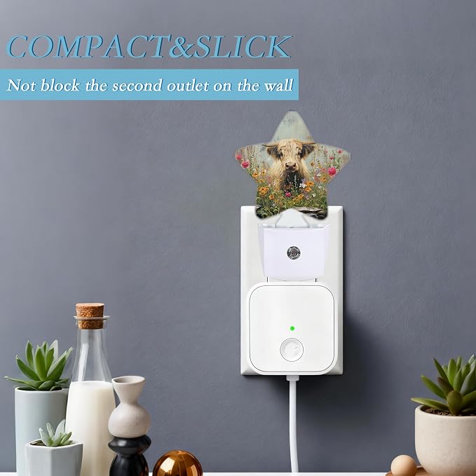 Highland Cows Night Light,Flower Plug-in Night Light Auto Dusk-to-Dawn Sensor Energy Efficient Led Lamp for Room Decor,Hallway,Kitchen,Bathroom,Plug-in,Decor Desk Lamp Gifts