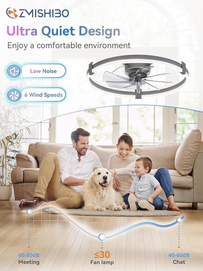 ZMISHIBO 23" RGB Low Profile Ceiling Fans with Lights and Remote, Grey | Custom RGB+3CCT Dimmable, 6 Speeds, Remote/App Control, Reversible DC Motor, Memory, Timer, Modern Fandelier for Kids/Bedroom