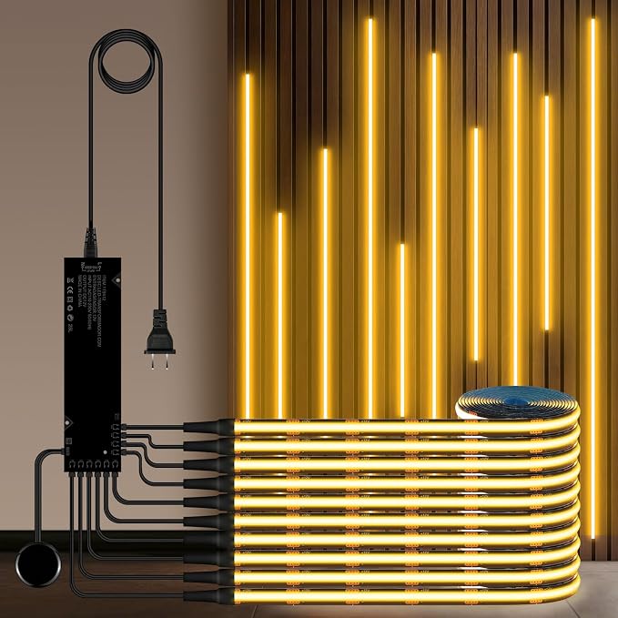 12V 10PCs Self-Adhesive Black COB LED Strip Light 3.3Ft | LED Recessed Lighting Kit with 100W Adapter 3000k Touch Dimmable Cabinet Light for Wood Slat Wall Panels Headboards Shelf