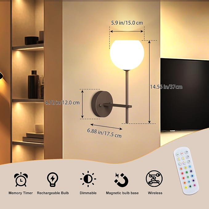 Brown Battery Operated Wall Sconces Set of 2, Rechargeable Wireless Wall Lights with Milky White Frosted Glass, 12 RGB and 3CCT Dimmable Wall Lamps with Remote for Bedroom Living Room Hallway