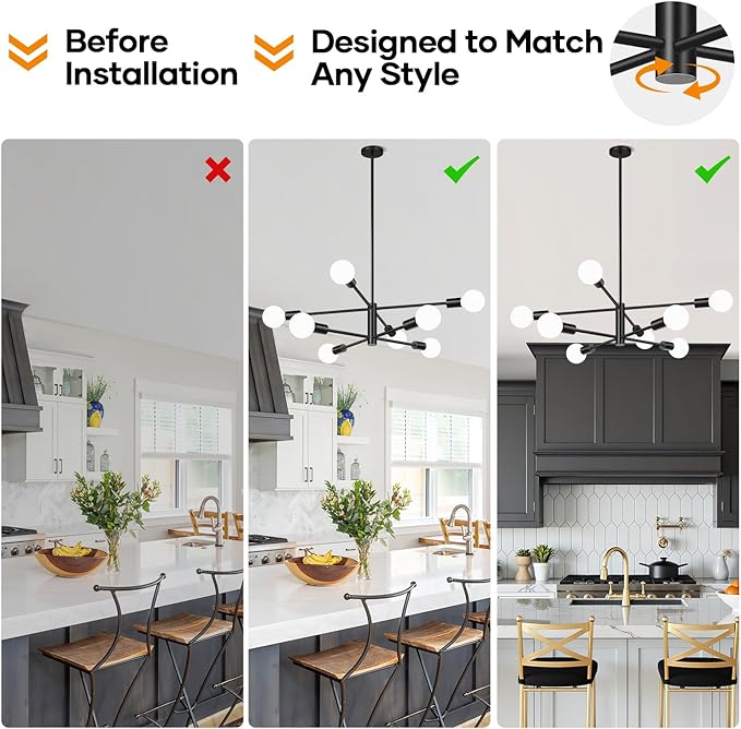Sputnik Chandeliers Dining Room Light Fixture (8-Light, 30-Inch), Modern Black Chandelier, Height Adjustable Mid Century Modern Chandeliers for Dining Room Kitchen Island (Bulbs Not Included)