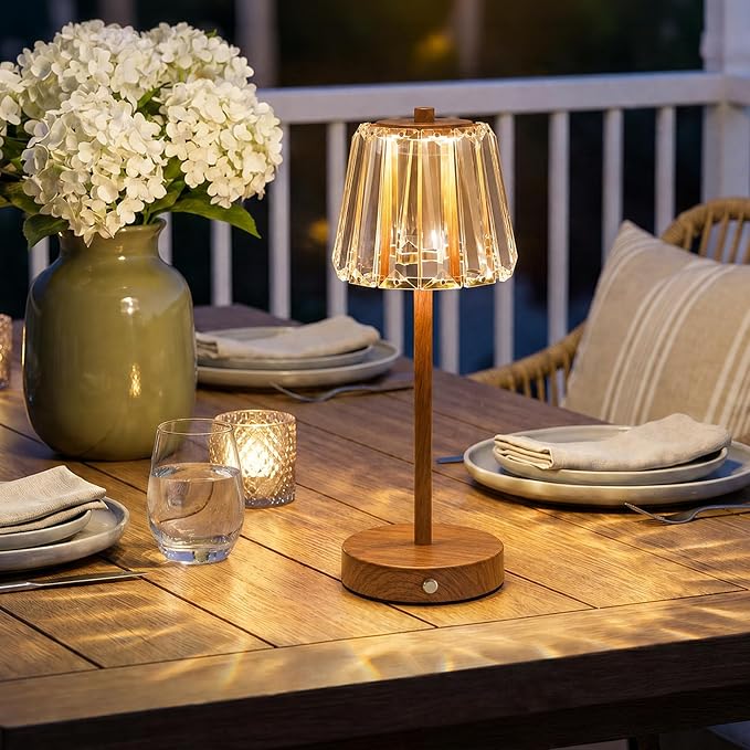 13" Small Crystal Cordless Table Lamp, Touch Rechargeable Desk Lamps | 3 Color Temps, Stepless Dimming, Wood Grain Portable Battery Operated LED Desk Lamps for Bedside, Nightstand, Kitchen, Patio