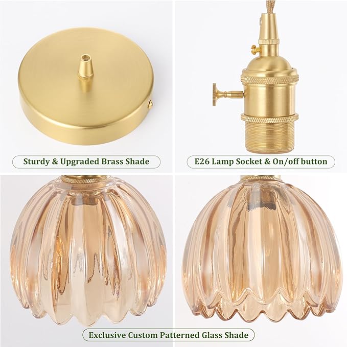 Pendant Light 2 Pack with Amber Tulip Glass Lmapshade, Brass Vintage Pendant Light Adjustable Hanging Light for Kitchen Island Dining Room Hallway