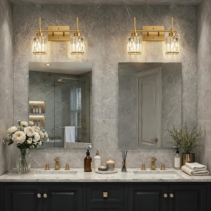Torondo Modern Crystal Bathroom Vanity Light 2-Lights Brushed Gold Bathroom Light Fixtures Over Mirror Brushed Gold Vanity Lighting Fixtures Square Shade Wall Sconce (Bulbs Not Include)