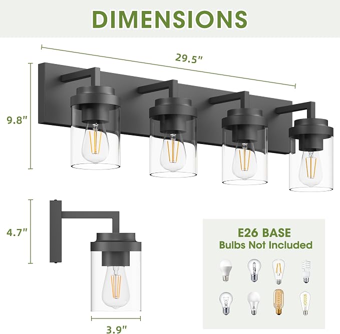 Bathroom Vanity Light, 4 Light Matte Black Vanity Light with Clear Glass Shade, 30in Farmhouse Vanity Light, Bathroom Lighting Fixtures Over Mirror for Bathroom