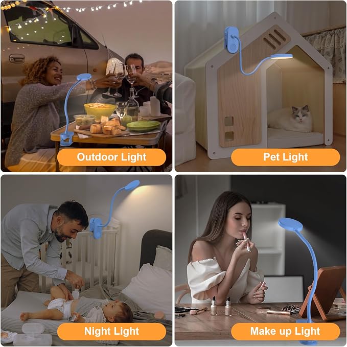Cordless Clip on Reading Light, Rechargeable LED Book Lamp for Kids, Flexible and Dimmable Clamp Light with 3 Color Modes & 10 Brightness for Students Dorm Room Desk Bunk Bed Headboard (Blue/3.5'') | 10 Brightness Levels, Clamp Lamp with USB-C, 15.8'' ...