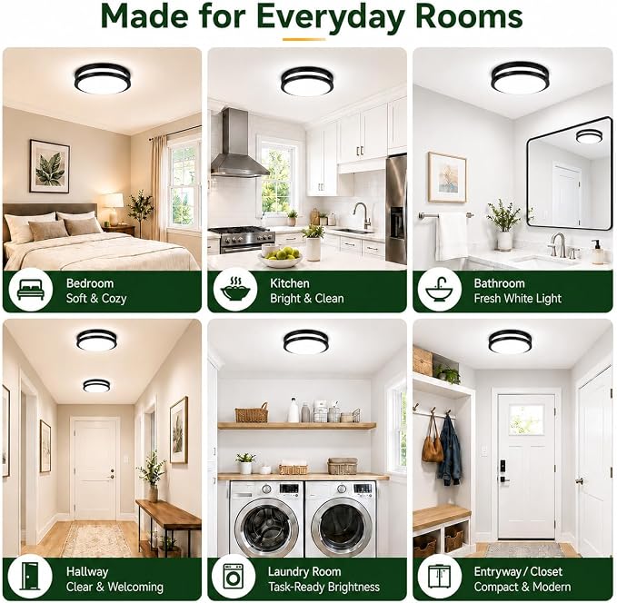2-Pack 50W Dimmable LED Ceiling Light Fixtures, 16in Modern Flush Mount LED Light Fixtures Super Bright 5600LM, 2700K/3000K/4000K/5000K/6500K 5CCT Adjustable Black Ceiling Lamp for Living Room Kitchen