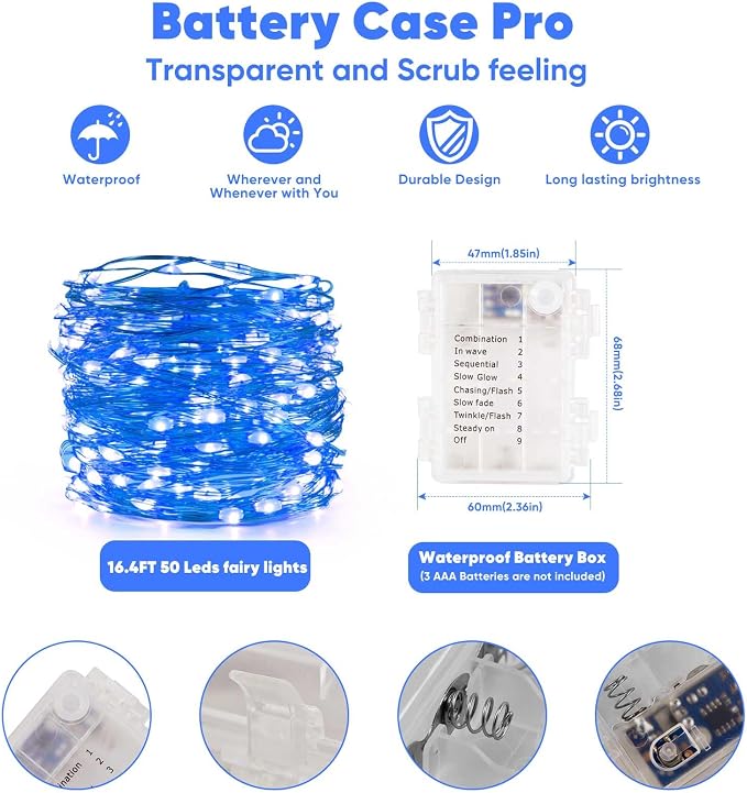 Ariceleo 4 Pack 16.4 Ft. Battery Operated Outdoor String Lights with Remote & Timer, LED Blue Fairy Lights, Waterproof Twinkle Lights for Bedroom, Dorm, Mason Jar, Wedding, Party, Christmas