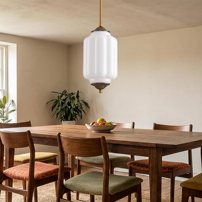 LOUSACE 5.5 in Vintage Milk Glass Ceiling Light Fixture, Antique White Semi Flush Mount Milk Glass Pendant Light, Farmhouse Ceiling Light for Kitchen Hallway Dining Room, LED Bulb Included