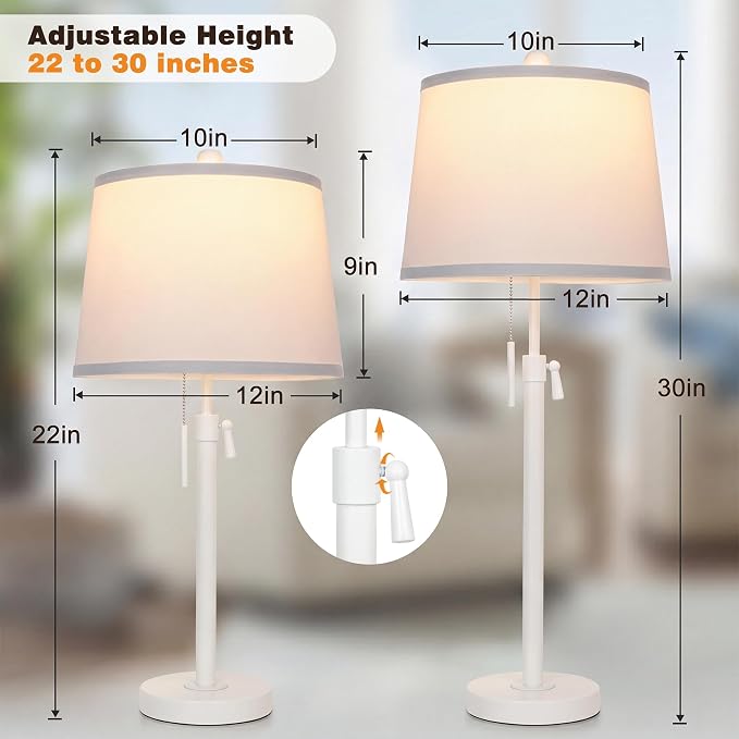 JUNNAI White Table Lamps Set of 2, 22" to 30" Adjustable Height Bedside Lamps for Living Room 3 Color Temperatures Tall Nightstand Modern Lamp for Bedroom Office End Table (Bulbs Included)