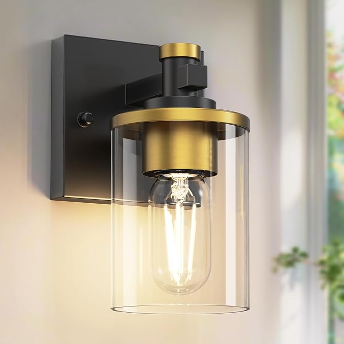 Bathroom Light Fixture, Bathroom Vanity Light Over Mirror, 1-Lights | Vanity Lights for Bathroom, Modern Lighting Fixtures with Clear Glass Shade, Black and Gold Vanity Lights, ETL