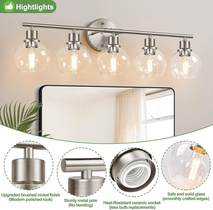 Indoi 5-Light Bathroom Light Fixtures, Brushed Nickel Vanity Light with Clear Glass Globe Shades, Modern Bathroom Wall Sconce Lighting for Mirror, Kitchen, Hallway, Bedroom