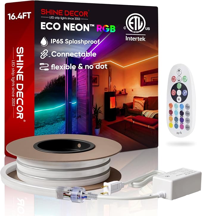 LED RGB Neon Rope Lights AC 120V, Expandable & Cuttable Bright Strip Lighting with Remote, Dimmable Color Changing, ETL Cold-Resistant & IP65 Waterproof for in&Outdoor, 10x20mm, 16.4FT
