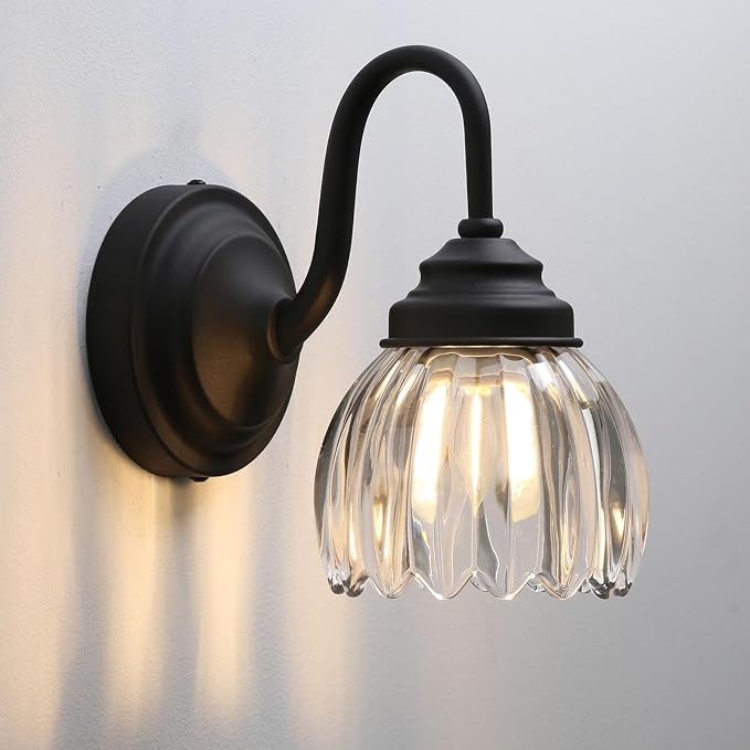 Phansthy Vintage Brass Boho Wall Sconce, Hardwired Wall Light with Tulip Glass Lampshade, Brass Vanity Lamp Modern Wall Lighting Fixtures for Bedroom, Living Room, Hallway (Black + Clear Shade)