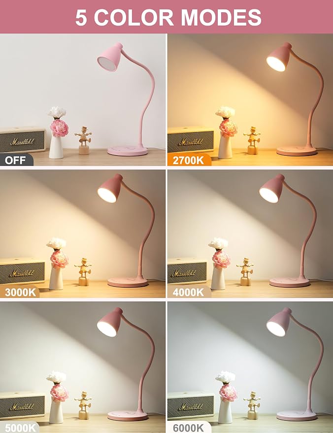 BOHON Cute Desk Lamp for Home Office with USB C+A Charging Port Timer Pink | LED Desk Light with Wireless Charger 5 Colors Stepless Dimming Reading Light Touch Bedside Table Lamp for College Dorm Room