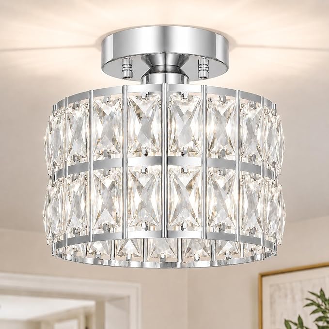 Lxybcce Crystal Ceiling Light Fixture, Modern Chrome Crystal Chandelier, Small Semi Flush Mount Ceiling Lighting, Round Hallway Lighting for Kitchen Entryway Bedroom Bathroom, 1-Light, 8.8 Inch