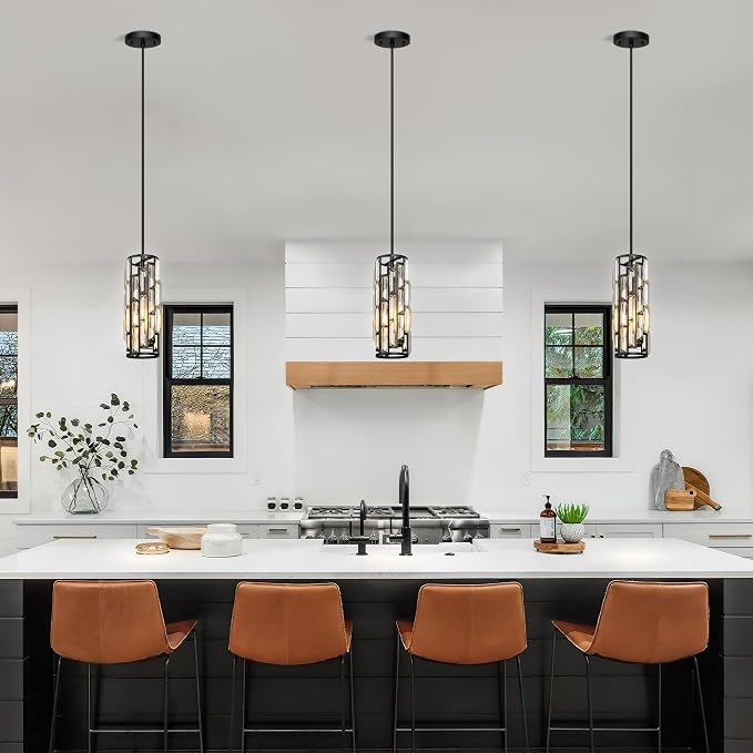 Black Pendant Lights Kitchen Island 1 Pack, Mini Crystal Chandeliers, Modern Pendant Lights Ceiling Lighting Fixtures for Kitchen Island, Dinning Room, Bedroom