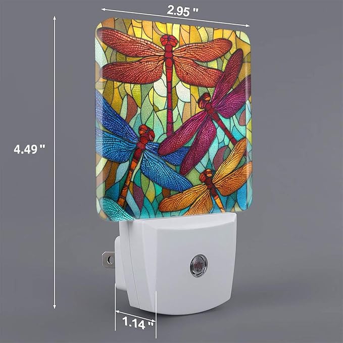Colorful Dragonfly Night Light Set of 2, Summer Auto Sensor LED Dusk-to-Dawn Nightlights, Plug-in Sensor Lamp for Bedroom Bathroom Kitchen Hallway Stairs Decorative